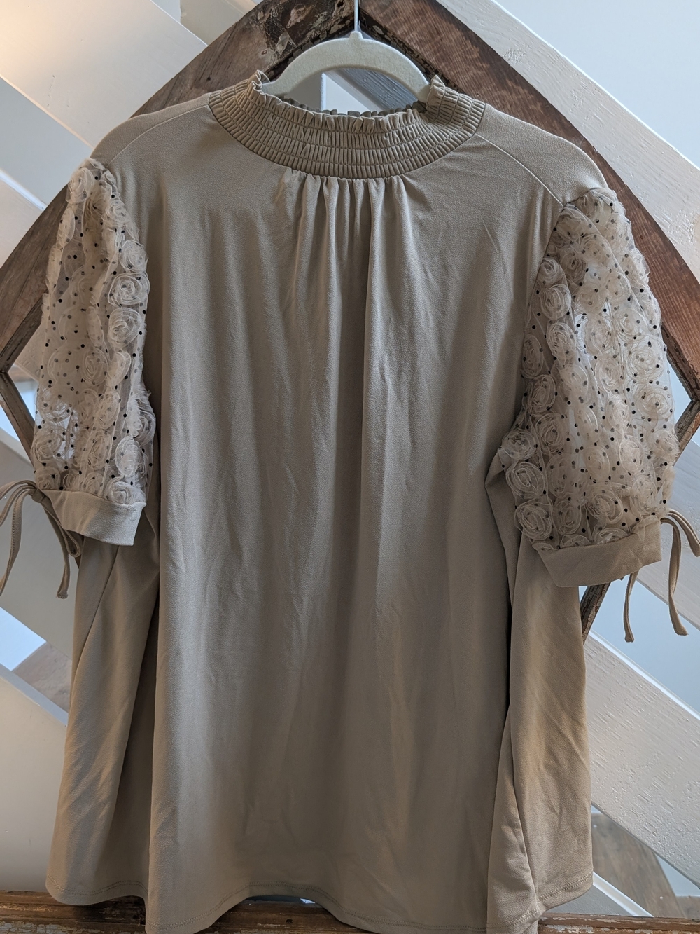 Beige Puff Sleeve Blouse with Lace Rosette Detail